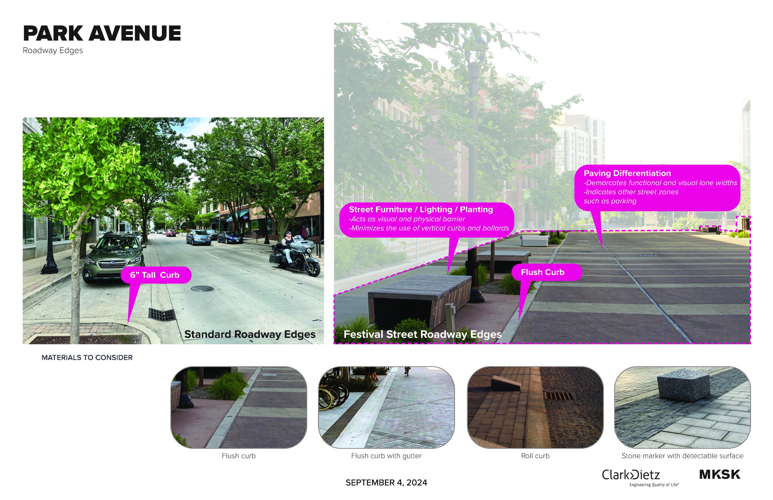 A side by side comparison of existing Neil Street streetscape on the left showing a 6-inch tall curb and a curbless street on the right with street furnishings, lighting, and plantings delineating the pedestrian and automobile zones.