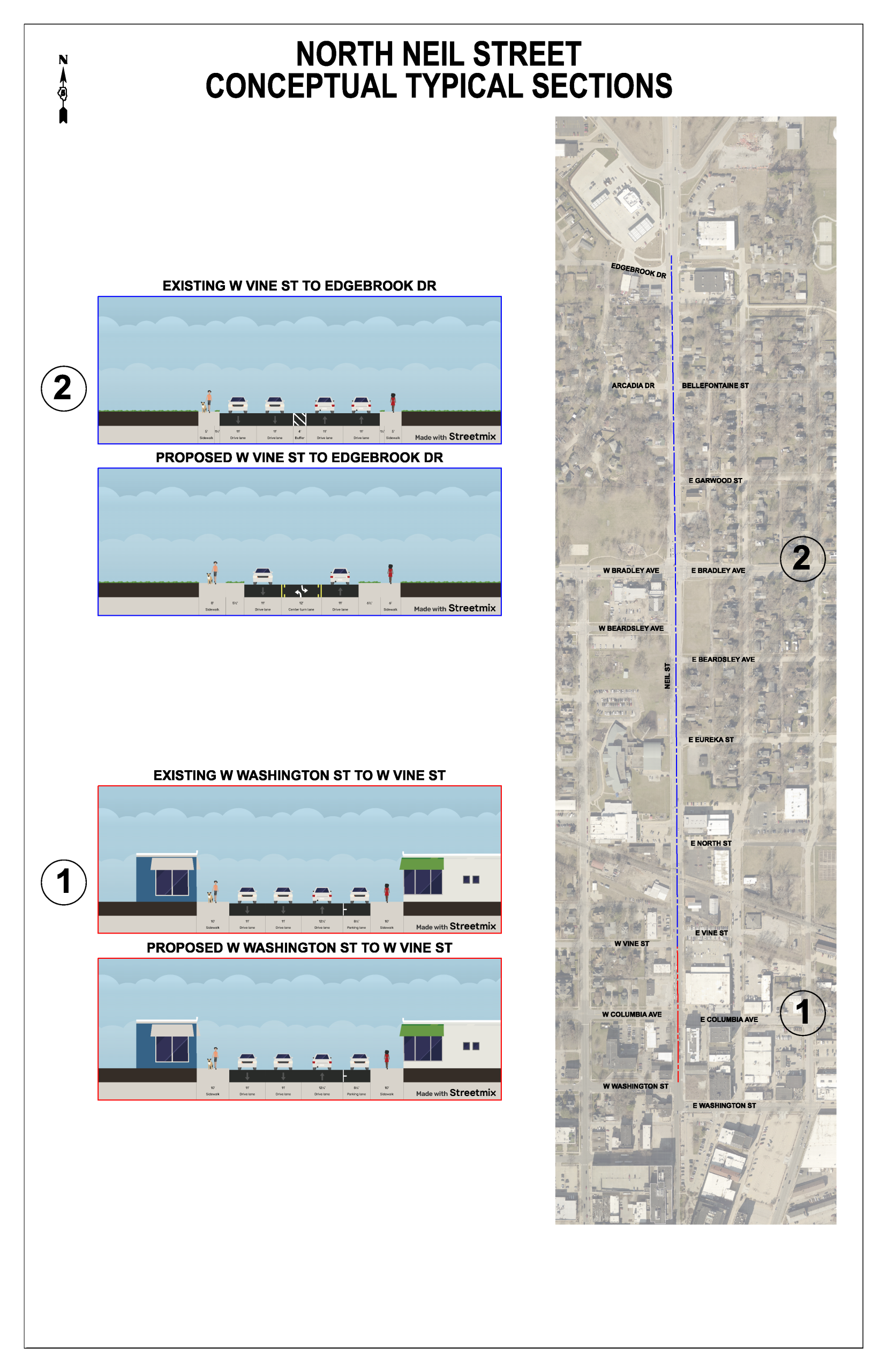 Conceptual typical sections of North Neil Street, showing existing and proposed street layouts with varying traffic and pedestrian elements. An aerial map overlays the street with numbered callouts corresponding to the sections.