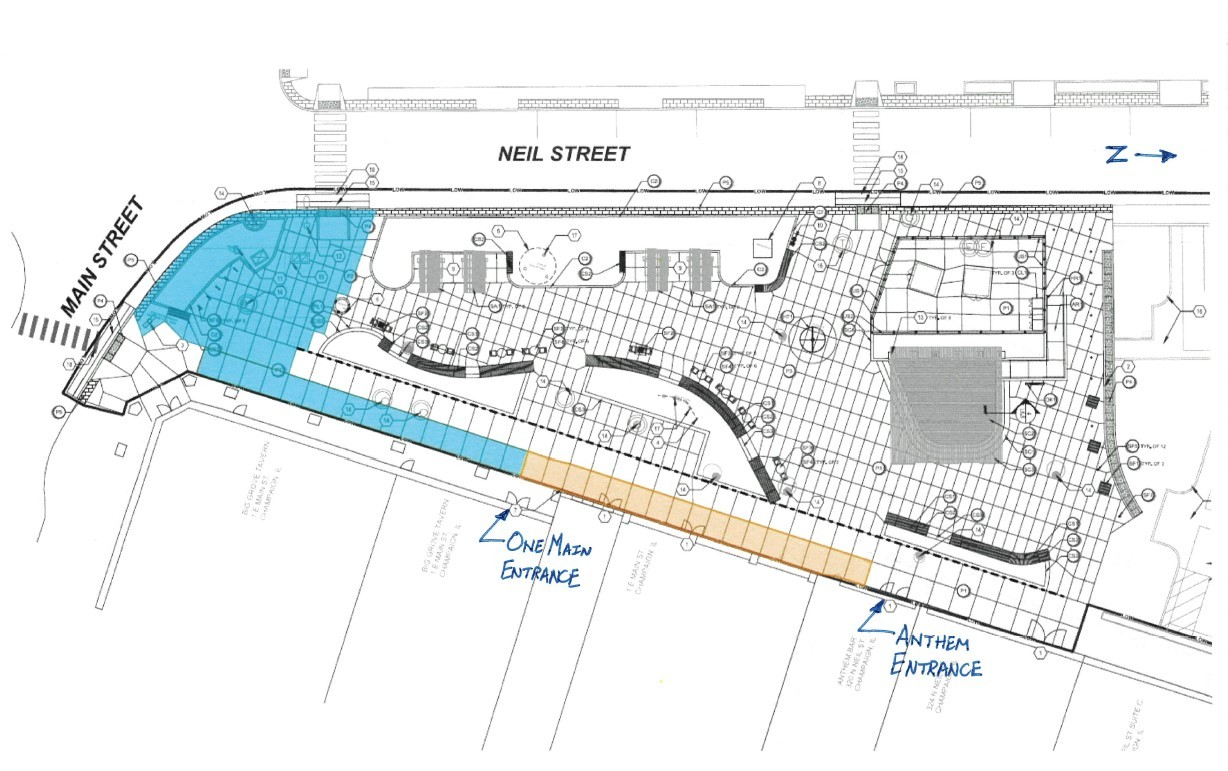 A site plan of the construction site on the northeast corner of Neil and Main Streets in Downtown Champaign. The southernmost area between Neil Street, Main Street, and the entrance to One Main and Big Grove are highlighted in Blue to show where concrete pouring will occur. A strip of land in front of the buildings between the One Main Entrance and the Anthem Entrance is shaded in orange to show where sidewalk replacement will occur.