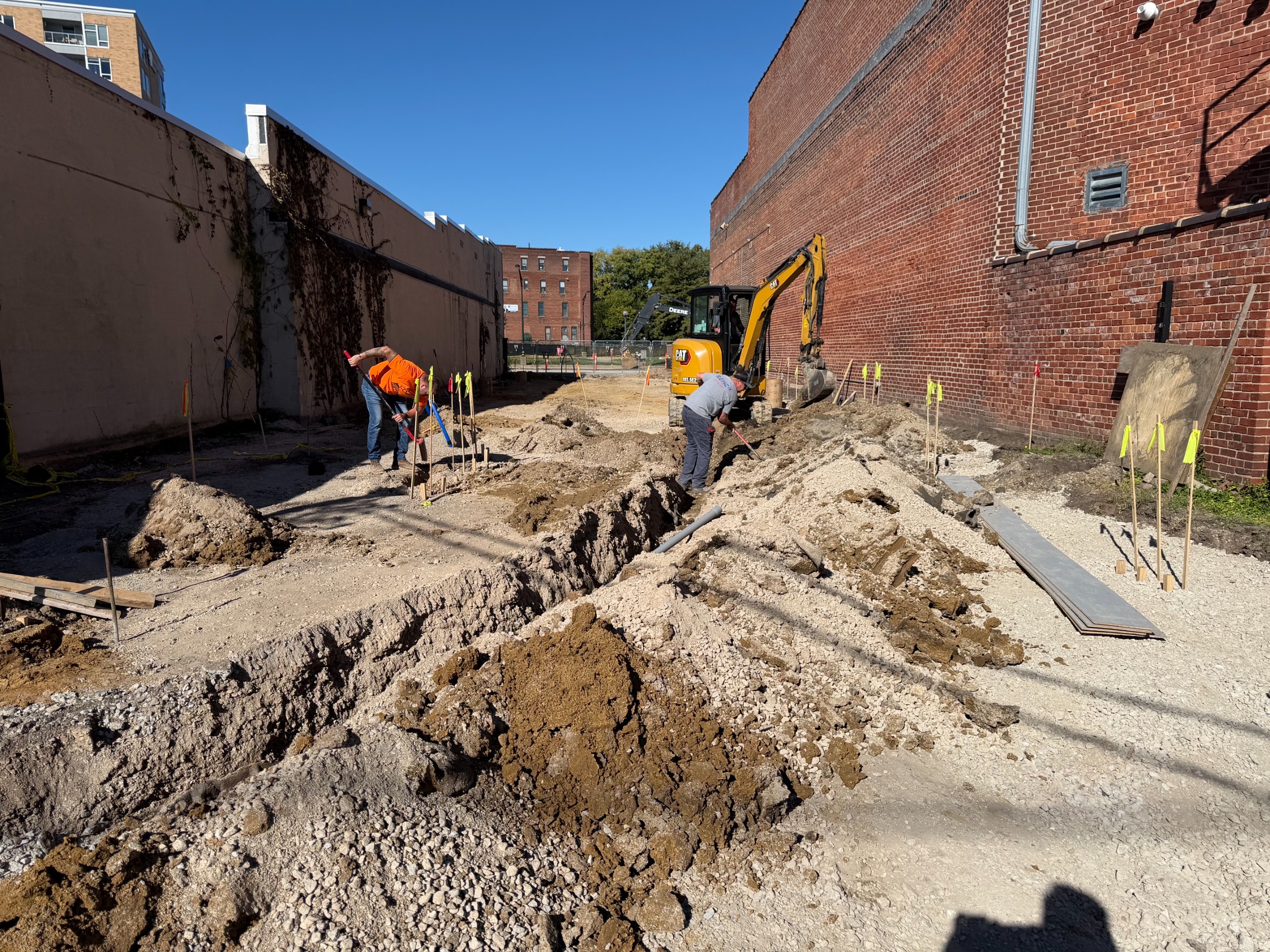 A photo of the lot south of the Orpheum, facing west. This area will feature string lighting, a gateway, and plantings to help welcome pedestrians in from Fremont Street and adjacent parking lot into the Downtown Plaza.