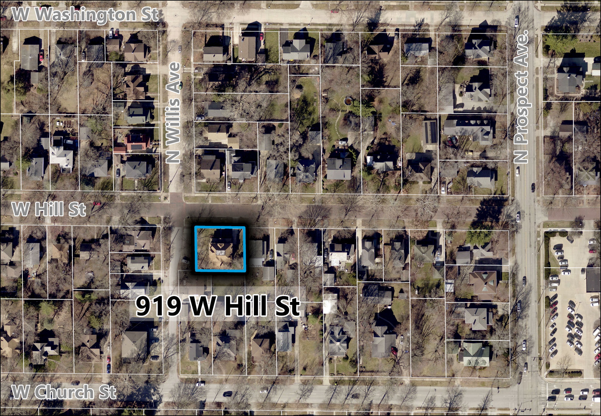 An aerial image of streets and tax parcels highlighting the location of 919 W Hill Street at the southeast corner of Hill Street and Willis Avenue. Hill Street runs east-west between Washington Street and Church Street, Willis Avenue runs north-south and is one block west of Prospect Avenue.