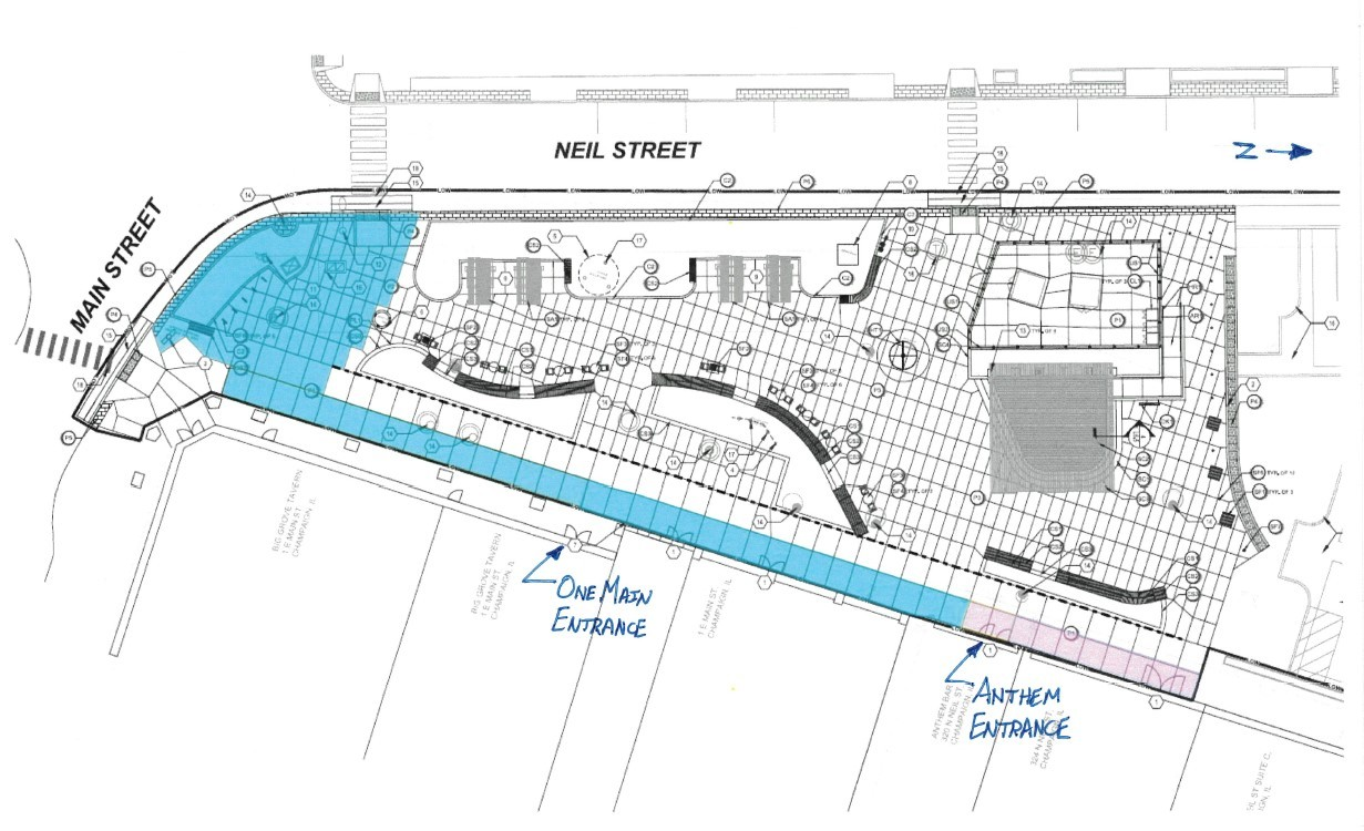 A map showing the construction area for Phase 1 of the Downtown Plaza. The northeast corner of Neil and Main is shaded in blue and blue runs north along the buildings on the east side of the plaza (Big Grove). Another area north of that is shaded in lavender starting at Anthem and extending about 50 feet northward.