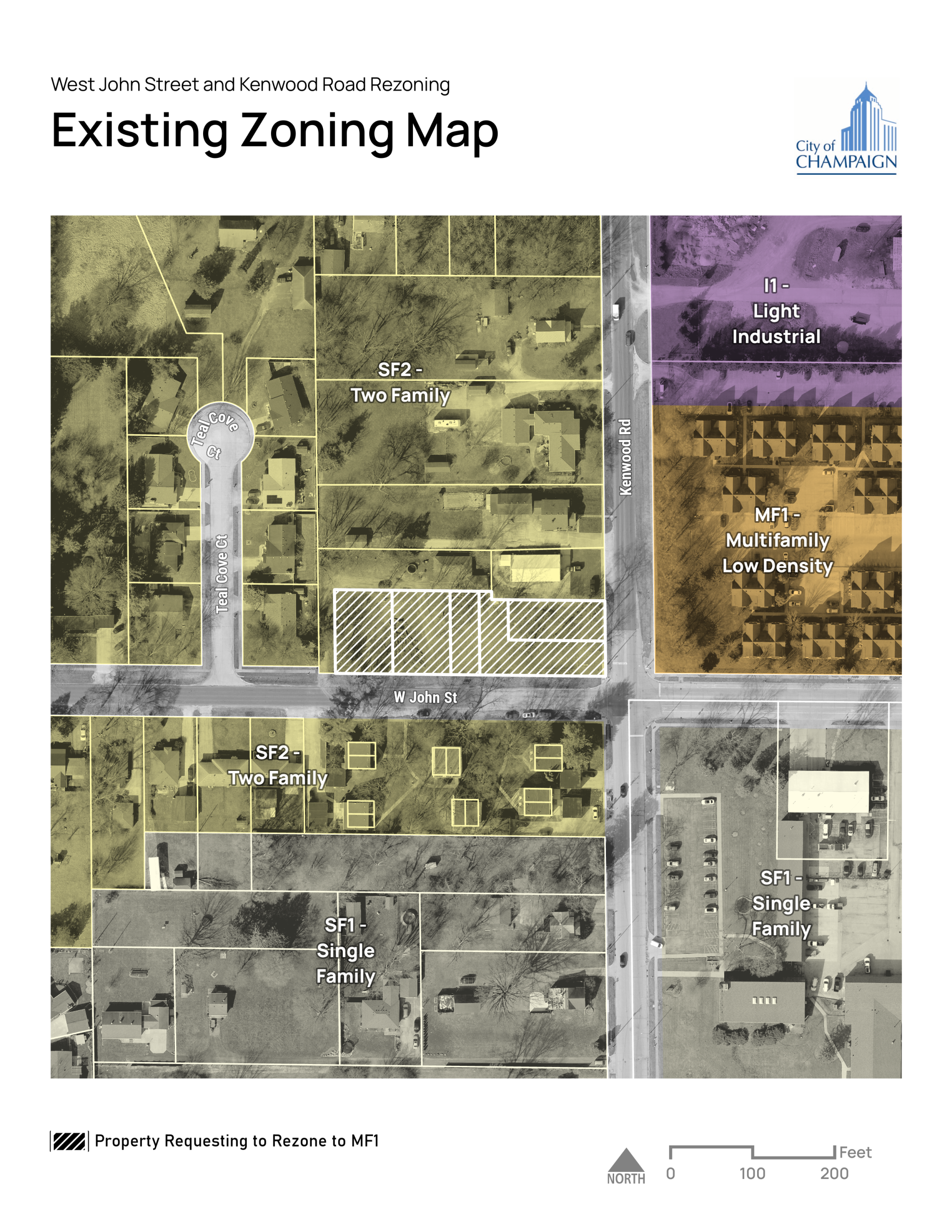 Map of subject properties, surrounding area, and the current zoning.