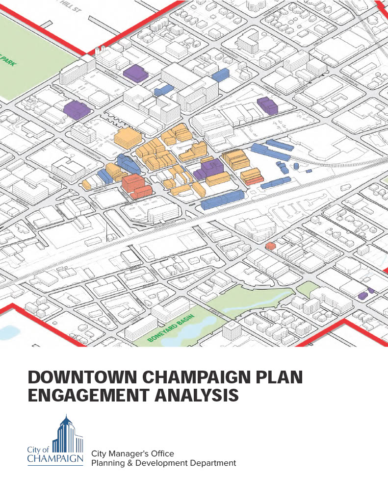 A map showing downtown Champaign with different colored buildings indicating areas of interest, alongside the title "DOWNTOWN CHAMPAIGN PLAN ENGAGEMENT ANALYSIS" and the City of Champaign logo.