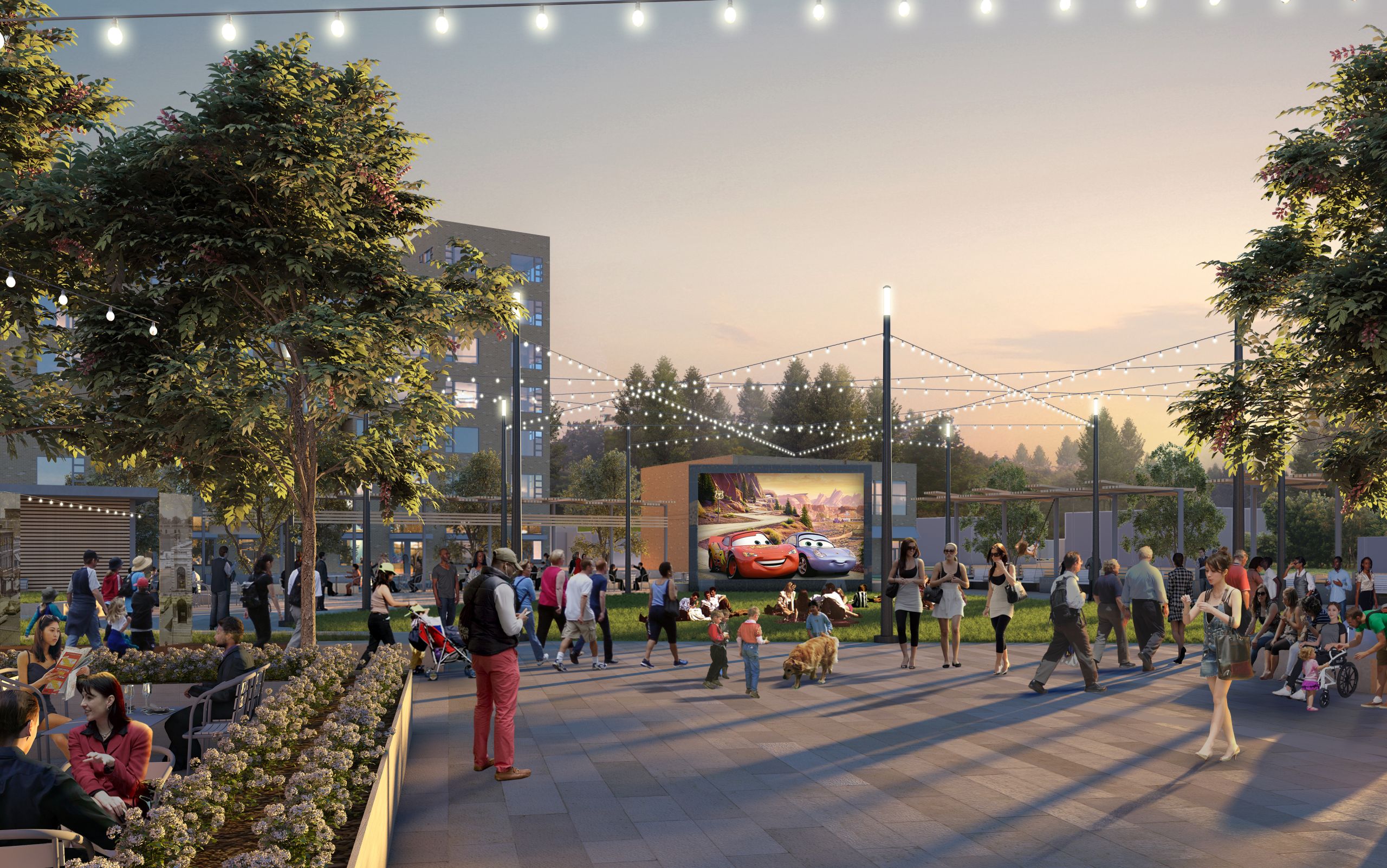 A rendering of the downtown plaza featuring trees, a public lawn, outdoor seating, lights, and people using the space.
