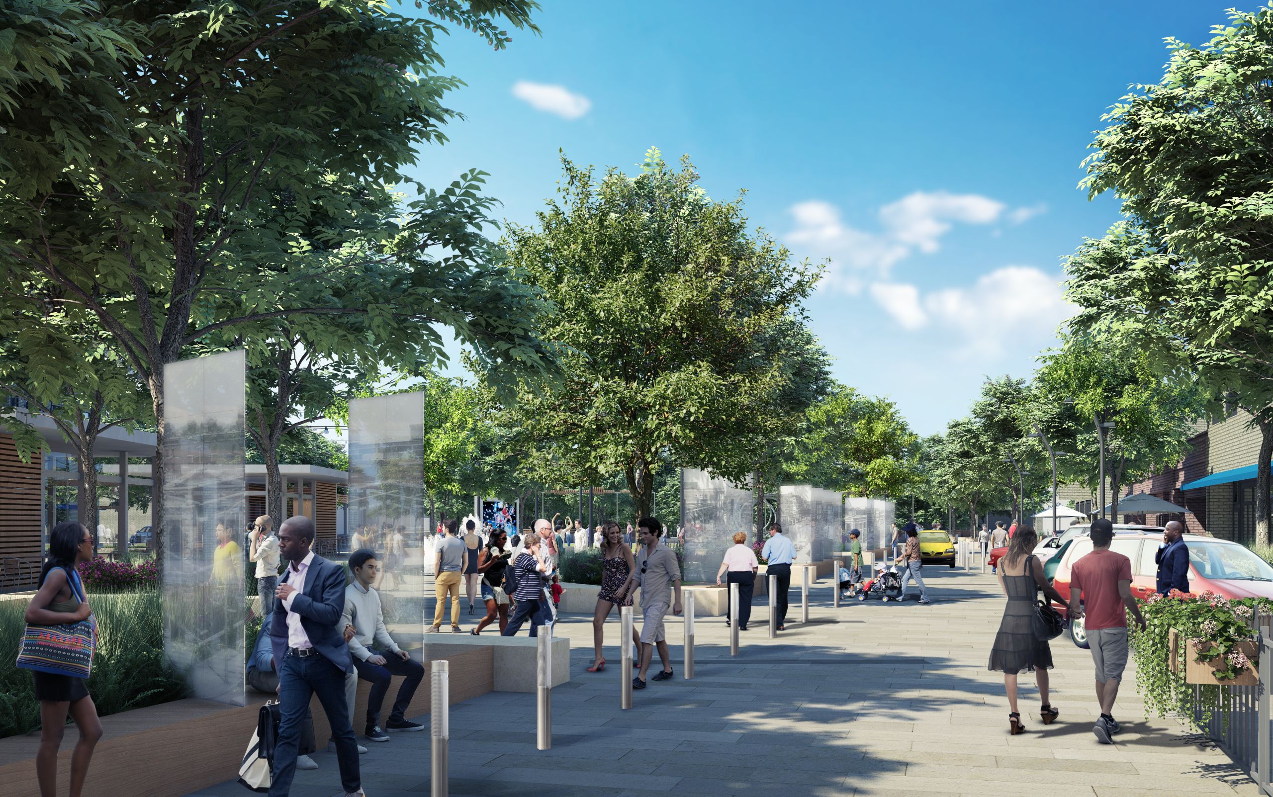 A rendering of the downtown plaza's curbless southbound street from Washington to Neil. Bollards separate the plaza space from a curbless street and ADA parking is provided near businesses. 
