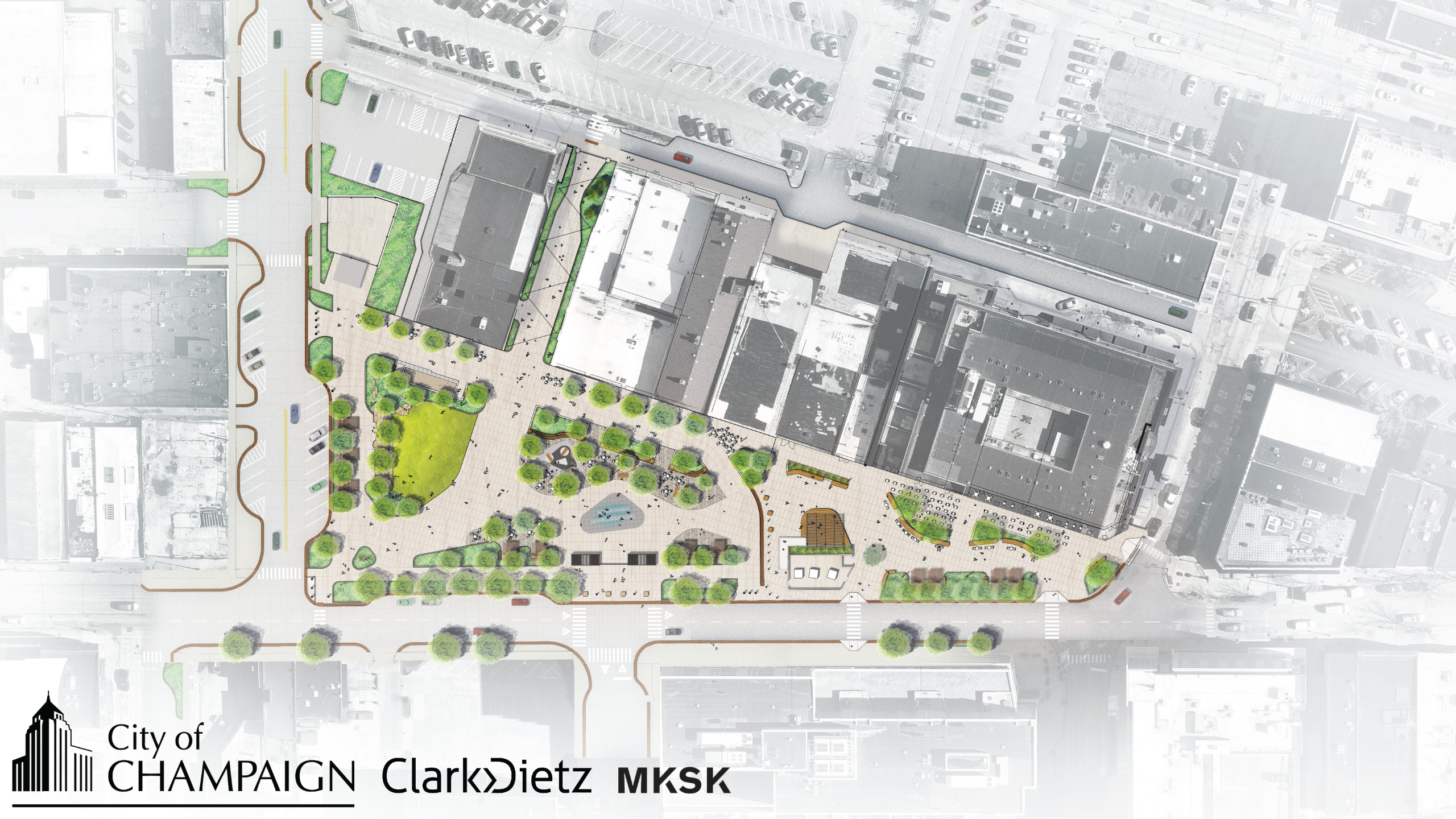 An overhead view of the fully constructed Downtown Plaza south of Washington Avenue and east of Neil Street. The rendering shows a grassy lawn and bench swings near Washington Avenue, a Petanque court (similar to bocce ball) near the Orpheum Theater, a pe