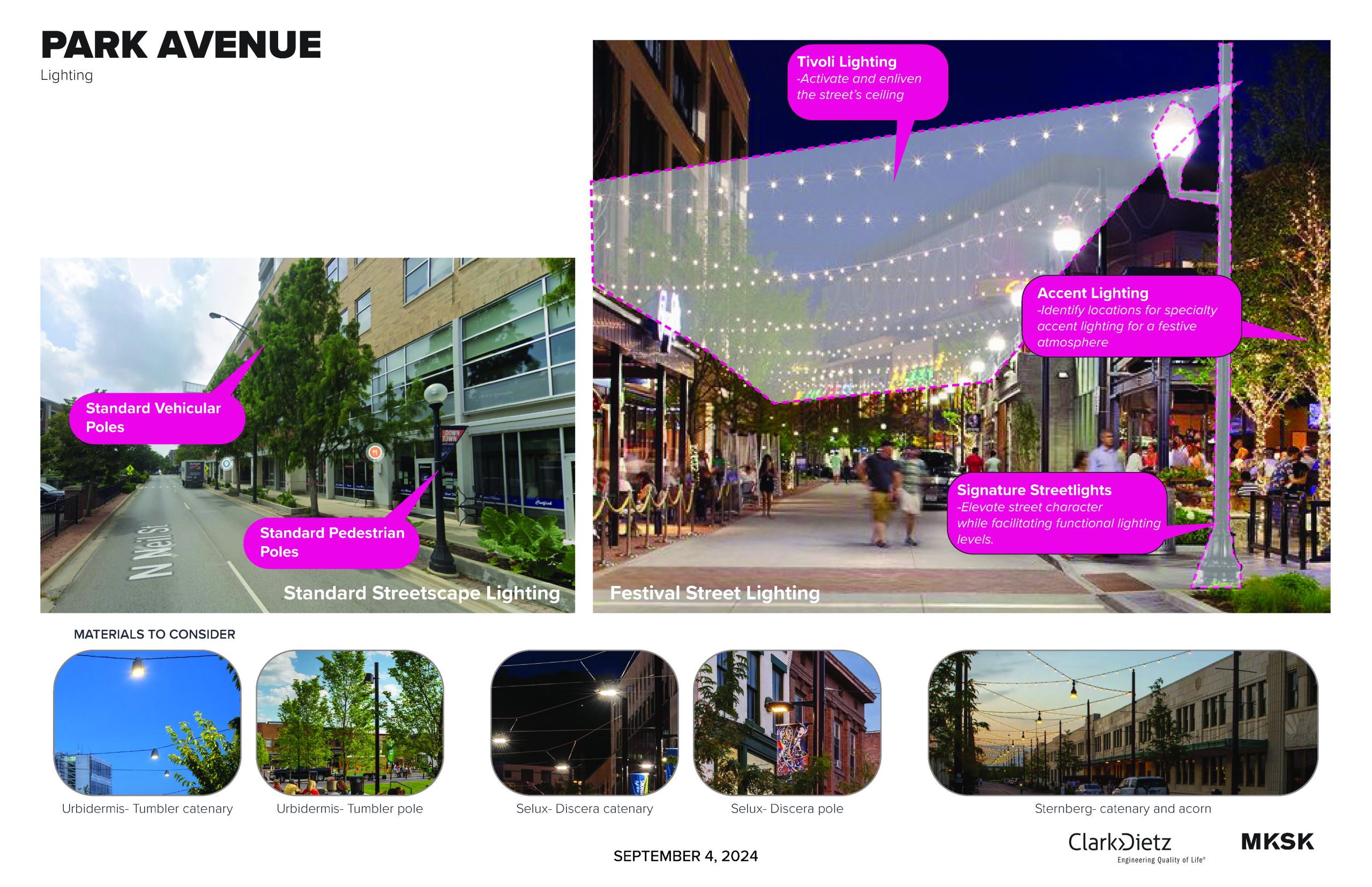 A side by side picture of existing Neil Street streetscape on the left showing standard street lighting for pedestrians and automobiles. The picture on the right shows signature streetlights that could be featured on Park Avenue to differentiate the street from other ones downtown. Also shown on the right is accent lighting to create a festive atmosphere and tivoli lighting, or string lighting, hanging over the street between poles on either side of the street.