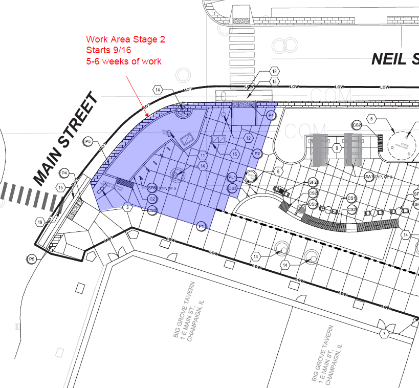 An engineering drawing of the plaza project with the southernmost portion of the work area highlighted with the text "Work Area Stage 2 Starts 9/16 5-6 weeks of work"