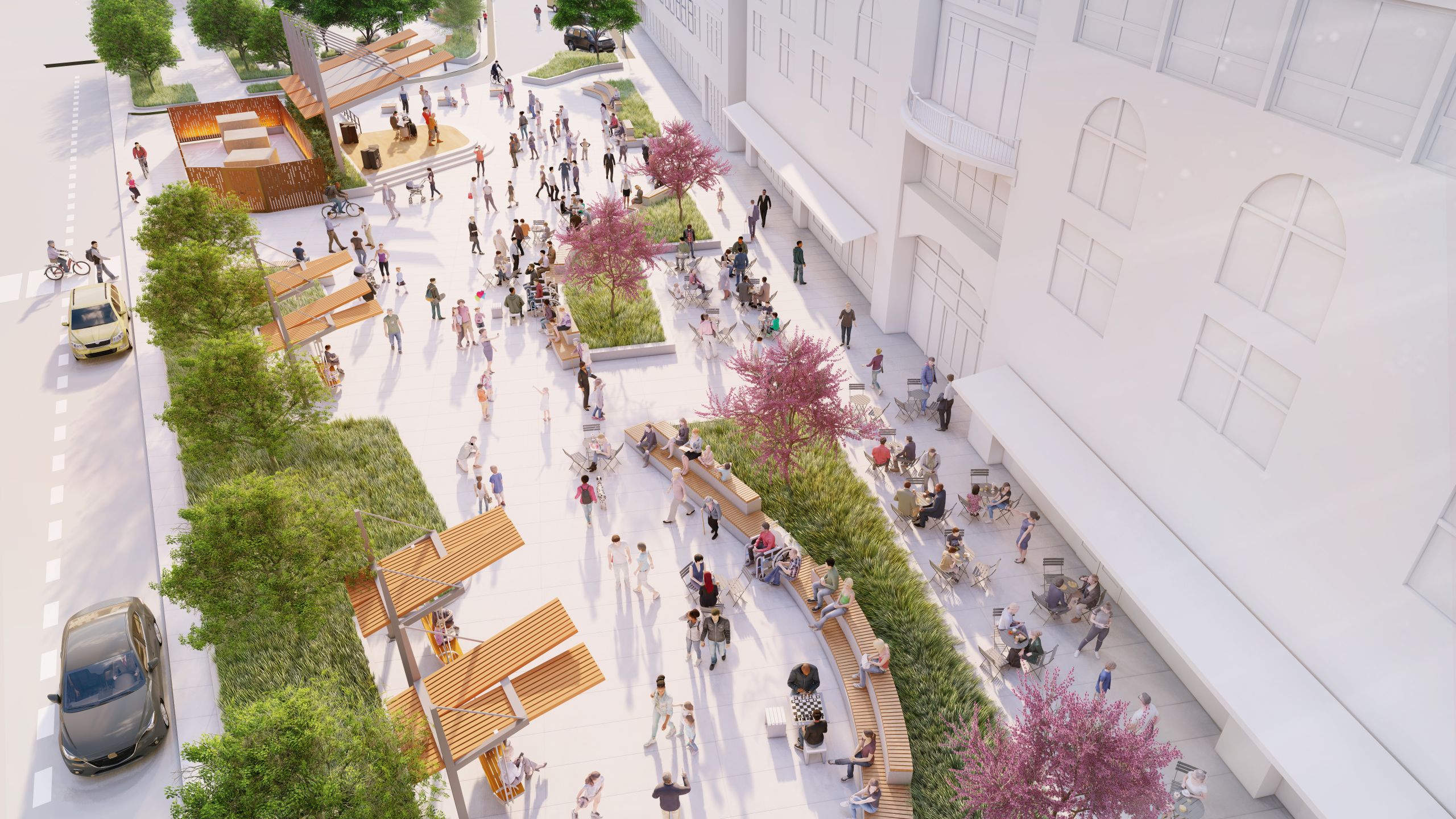 A bird's eye view of phase one of the downtown plaza, looking north from the intersection of Neil and Main. A performing arts stage, tiered seating on landscaping islands, and shade structures are shown. People using the space are also shown playing chess, performing on the stage, and walking through the plaza. 